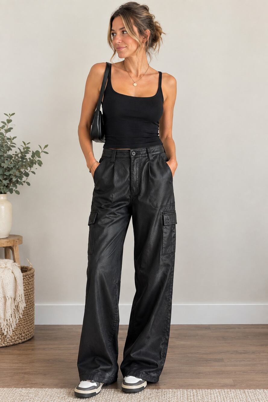 HIGHWAY Black Faux Leather Cargo Pants Wide Leg High Rise Vegan Y2K Size 9